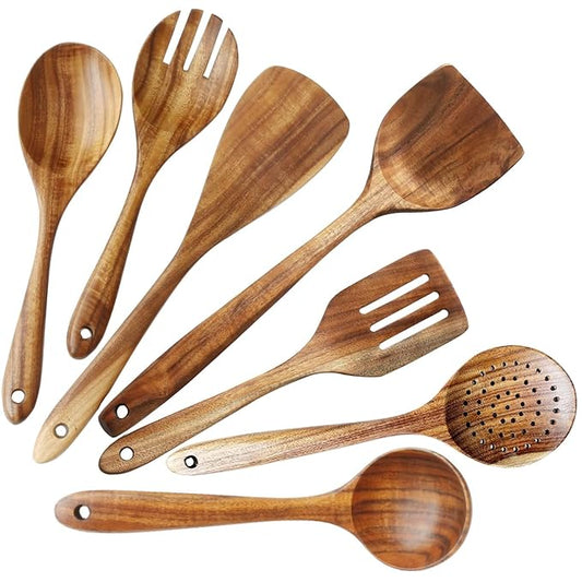 Natural Wooden Spoons Set Flip Spatula/Ladle for Home & Kitchen Decor | Non-Stick | Handmade | (Size, 13 Inch) (Teak Wood, Set of 7)
